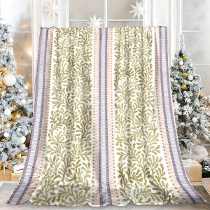 Beast Kingdom | Olive Green Stripe Botanical Flannel Blanket Soft Fuzzy Plush Cozy Lightweight Throw for Sofa Bed Couch Home Decor