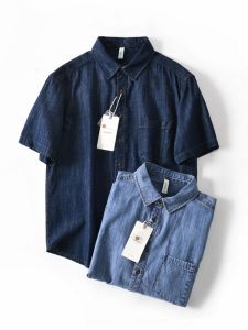 Retro American Washed Cotton Short Sleeve Mens Summer Casual Loose Fashionable Half Sleeve Shirt Urban Style Breathable Moisture Wicking Pure Color