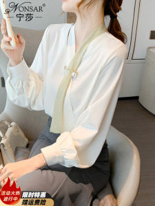 เสื้อเชิ้ตผ้าชีฟองแฟชั่นสำหรับผู้หญิง ฤดูใบไม้ร่วง ฤดูหนาว เสื้อชั้นในสุดเก๋ไก๋ เสื้อเชิ้ตคอวีแขนยาวทรงหลวม สไตล์เกาหลี