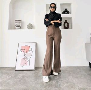 Cutbray Knit Premium - Celana Panjang Wanita Highwaist - Kullot Loose Pants Korean Style - Celana Cutbray Knit Premium Model Bawah Belah