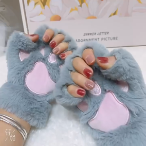 1 Pair Winter Fashion Warm Womens Half Finger Gloves Cute Cartoon Cat Paw Thick Cold Resistant Soft Outdoor Gloves