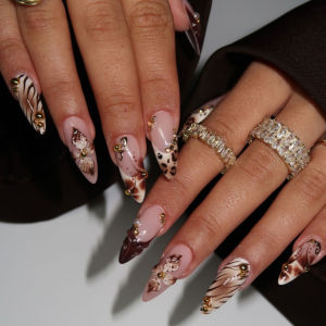 Medium long fake nails for wimen girls 3D embossed flowers with metal beads coffee brown almond nail tips press on false nail