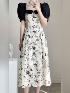 summer dress woman korean floral dress plus size white and black dress korean style long dress formal dress women office evening dress dinner parti elegant square neck puff sleeve dress