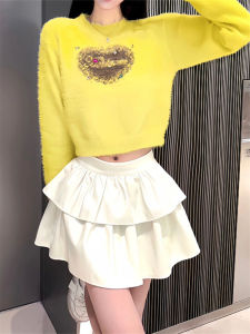 กระโปรงสั้นทรงเอเอวสูงผ้า PU สีขาว กระโปรงสั้นทรงเค้กทรงพองสไตล์เกาหลีสำหรับใส่ไปทำงานในฤดูใบไม้ผลิและฤดูใบไม้ร่วง