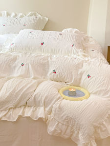 Princess Style Bedding Set 4pcs Non-Cotton Bubble Fabric White Duvet Cover Sheet High Density Polyester Active Printing