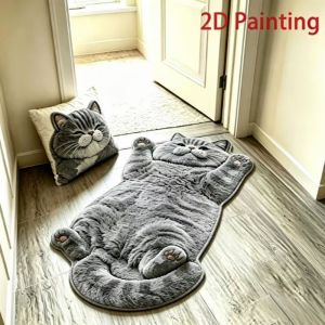 VIKAMA Cute Cat Holding Yarn Rug Chubby Tabby Kitten Irregular Area Rug Non Slip Soft Brown Floor Mat Living Room Decor