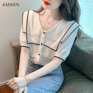 AMMIN Áo Cánh 2023 Thiết Kế Chắp Vá Màu Cá Tính Cổ Chữ V Mới Mùa Hè Ren Ngọt Ngào Áo Cánh Nữ Phong Cách Hàn Quốc Màu Xanh Hải Quân Chắp Vá Màu Tay Ngắn