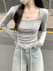 Áo Thun Nữ Tay Dài Cổ Vuông Phong Cách Mỹ Dáng Ôm Vừa Vặn Mùa Xuân Thu Thu Nhỏ Eo Gấp Nhỏ Vai Thường Ngày