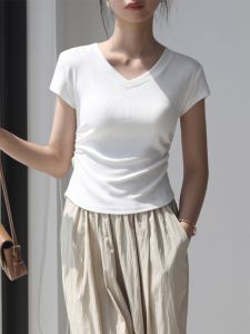 LAOHUDEJINHUANG | White V-Neck Design Short T-Shirt