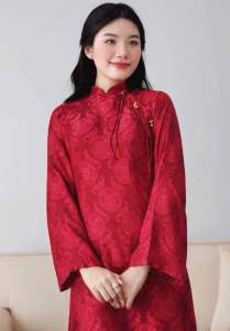 [ SALE ] ÁO DÀI NỮ GẤM ĐỒNG TIỀN ĐỎ ĐÔ CỘT DÂY NƠ XÉO VÀNG CƯỚI HỎI  DẠM NGỎ  CHỤP HÌNH