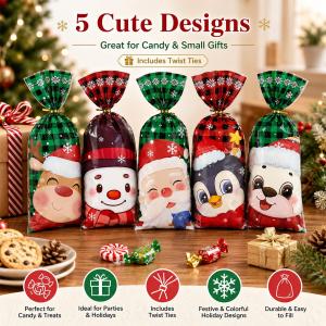 100/200Pcs Merry Christmas Candy Gift Bags New Year Candy Cookie Packaging Bag Christmas Home Decoration Favors