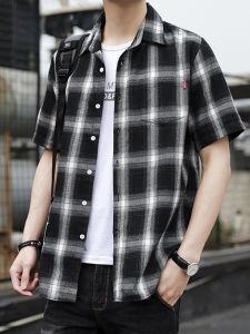 ROMON | Romon Mens Short Sleeve Shirt Casual Loose Fit Summer New Style Plaid Workwear Outerwear Fashionable Top For Youth