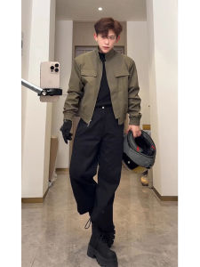 Army Green Bomber Jacket with American Collar Tailored Short Straight Shoulder