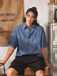 Retro Japanese Style Mens Loose Fit Short Sleeve Silk Denim Shirt Summer Pure Color Drapey Deep Blue Five-Button Upper Body