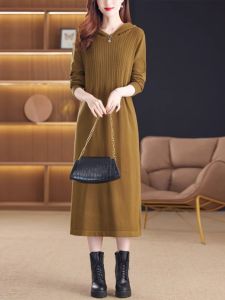 ฤดูใบไม้ร่วง ฤดูหนาว ยาว มีฮู้ด แคชเมียร์ ถัก เดรส ผู้หญิง หลวม ข้อต่อเหนือเข่า เสื้อสเวตเตอร์ เดรส ความยาวปานกลาง สีบริสุทธิ์ เสื้อผ้าถัก