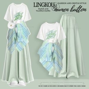 NUMEN BUTTON | Casual Laid-back Style Set Womens Gingham Shirt Short Sleeve T-Shirt and Wide Leg Pants 3pcs