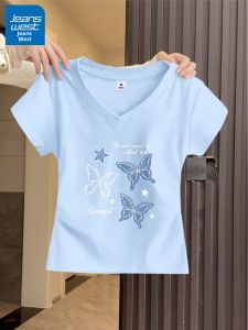 Jeanswest | Áo Thun Tay Ngắn Cổ V Phong Cách Thông Thường Form Regular từ 100% Cotton Màu Xanh