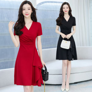 Summer 2023 V-Neck Short Sleeve Slimming Waist Dress Elegant Hepburn Style Red Dress Womens Fashion High Waist A-Line Skirt