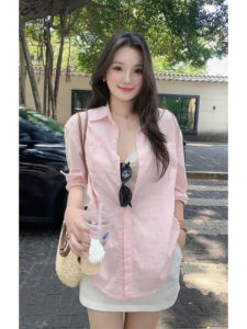 YUEZHONGWEI | Pink Cotton Linen Long Sleeve Shirt Women Summer Thin Outerwear Cardigan Design Unique Top Commute Style Loose Fit Polo Collar