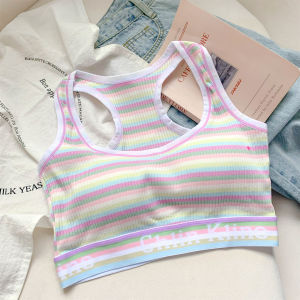 Neon Girl Rainbow Stripes Sports Bra Vest Womens Integrated Bra Pad Large Chest Appears Small Chest Gathered Cotton Sweet Style