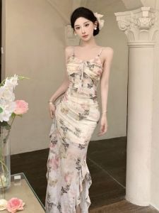 New Chinese Style Gentle Butterfly Flower Lace Edge Strapless Long Dress Women Summer Design Pure Desire Split Dress
