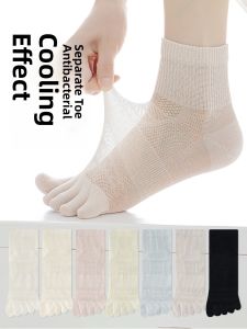JINGCHI | Womens Summer Thin Mesh Breathable Pure Cotton Antibacterial Anti-Odor Five-Finger Short Socks Comfortable Soft Long Pile Cotton