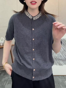 UYFY | Summer New Plus Size Womens Grey Heavy Embellished Round Neck Loose Short Sleeve Knitted Open Cardigan Versatile All-Match Top