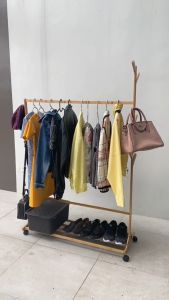 Multi-Functional Clothes Rack Natural bamboo Wood Coat Stand Shoe Storage Bags Hat Belt Organizer w/ Wheels