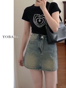 High Waist A-Line Mini Skirt Womens Denim Short Skirts Summer plus Size Loose Slimming for Pear Shaped Body Korean Style