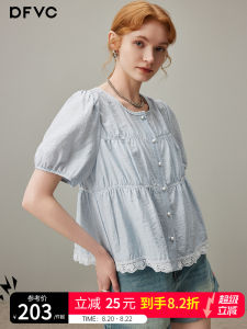 Linen French Style Short Sleeve Shirt Womens Summer New Bubble Sleeve Miniature Doll Shirt Thin Button Splice Pleated Hollow out
