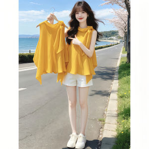 Shalldoer | Yellow Asymmetric Wide-Necked Spaghetti Strap Top