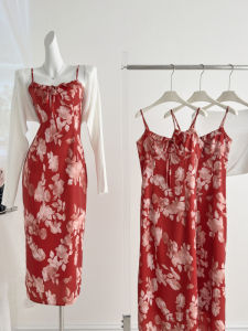 French Vintage Summer Floral Sea Halter Dress Women Sensual Slimming Long Dress Adjustable Shoulder Strap High Waist Polyester Nylon