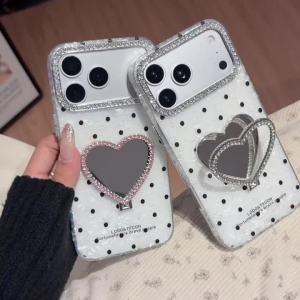 EOENKK | INS Polka Dot Heart Mirror Kickstand Phone Case For iPhone 11 12 13 14 15 16 17 Pro Max Plus Shockproof Makeup Girl Phone Cover