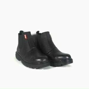 Sepatu safety Elastis tinggi Pria Ujung Besi Pengaman Steel Toe Cap Original Terbaru Standar SNI K3 HSE Keselamatan perusahaan lapangan kulit sapi asli motif kulit jeruk hitam SOL dijahit lem press anti licin anti kropos