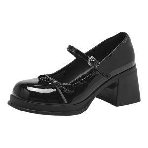Josiny | Black Mary Jane Leather Shoes Waterproof Platform Heels