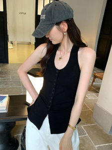 Stylish Single-Button Halter Neck Vest Womens Summer Slimming Sleeveless Top Outerwear Commute Style Pure Color Polyester Fiber