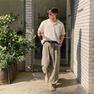 กางเกงขายาวทรงหลวมสไตล์เกาหลีสำหรับผู้ชาย ผ้าฝ้ายลินิน ทรงหลวม ยาวถึงเข่า ทรงหลวม กางเกงขายาวทรงตรง ทรงหลวม ระบายอากาศได้ดี