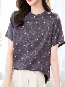 NVSHENJI | Silk Printed T-Shirt Womens Short Sleeve Round Neck Summer New Fashion Age-defying Hangzhou Mulberry Silk Top Wet-damp Sweat