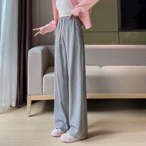YAMIANNV | Slim Fit Womens Casual Pants Loose Wide Leg Soft Style Thin Spring Autumn Cotton Polyester Blend High Waist Pocket Detail