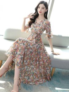 Floral Print Chiffon Dress Womens Spring Autumn Summer High Waist Short Sleeve Midi Skirt Korean Style Commute Pure E-commerce