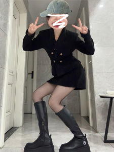 Black Suit Dress Set for Women Sweet Style A-Line Short Skirt Long Sleeve V-Neck Polyester Fiber Winter New Arrival