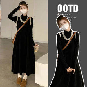 Autumn Clothes for Pregnant Women Dress K-style Elegant Wooden Ear Corduroy Suspender Skirt Knitting Bottoming Two-Piece Set Autumn and Winter Clothing