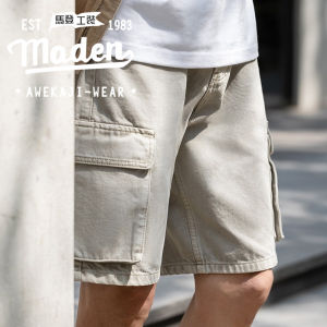 MADEN brand 2025 summer new multi pocket work pants straight leg shorts washed and worn heavy-duty loose cotton five quarter pants for men