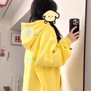 Yellow Pure Cotton American Retro Letter Embroidery Hoodie Womens Versatile High Street Loose Outerwear Spring Autumn Style