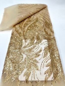 African Groom Beaded Lace Fabric High Quality Gold French Nigerian Sequin Lace Fabric for Bridal Wedding Party Material Sewing