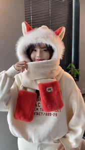 Khăn Choàng Mũ Tai Thú 3in1 Làm Quà Noel | Khăn Quàng Kèm Găng Tay Giữ Ấm Giáng Sinh