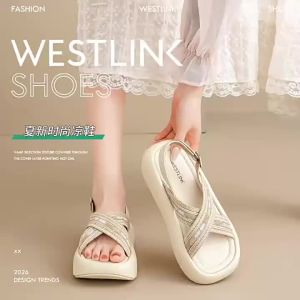 Thick Heel Increasing Cross Band Woven Casual Beach Sandals
