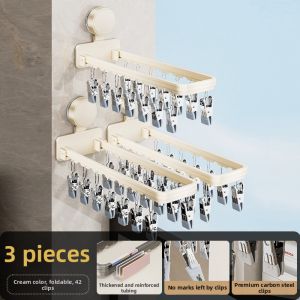 Folding Suction Cup Clothes Drying Rack Multiple Clips Space Saving Hanger for Balconies