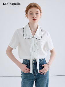 เสื้อเชิ้ตแขนสั้นคอปกเด็ก La Chapelle สำหรับผู้หญิง สีขาว ทรงเข้ารูป ทรงตรง ทรงเข้ารูป คอปกเด็ก ทรงเข้ารูป เสื้อเชิ้ตผู้หญิง