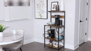 Kitchen Storage Rack Organizer With Power Outlet Coffee Bar Table 4 Tiers Wooden Kitchen Microwave Stand with 6 S-shaped Hooks Space Saver Plant Display For Home Office Warehouse